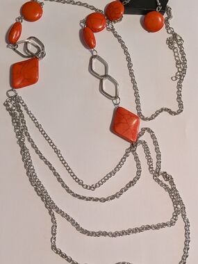 Silver Multi-Strand Necklace with Orange Stone Accents